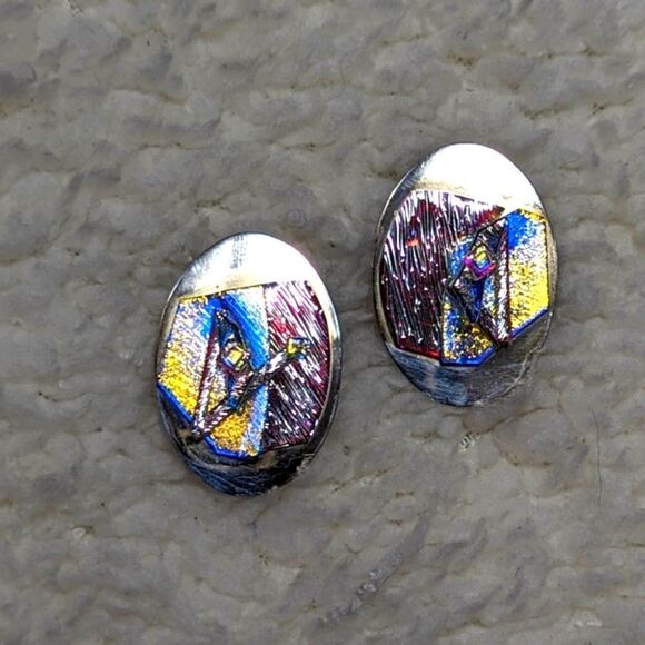 Vintage Sterling Silver and Dichroic Glass Accent Clip Earrings - Picture 6 of 8